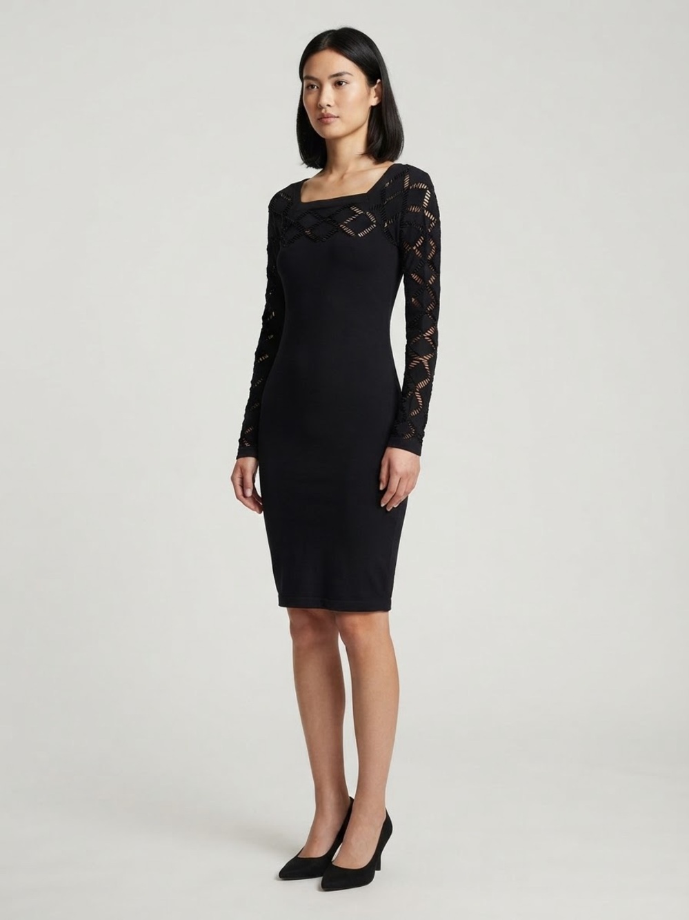 bebe Black Lace-Sleeve Midi Sheath Dress